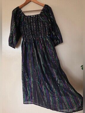Sugarhill Brighton Lillian Shirred Midi Dress 4 Metallic Rainbow Whimsical Artsy